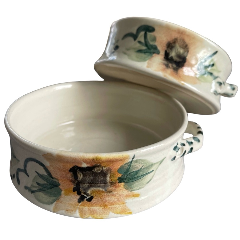 Pair of Handmade Studio Pottery Bowls, Sunflower Design